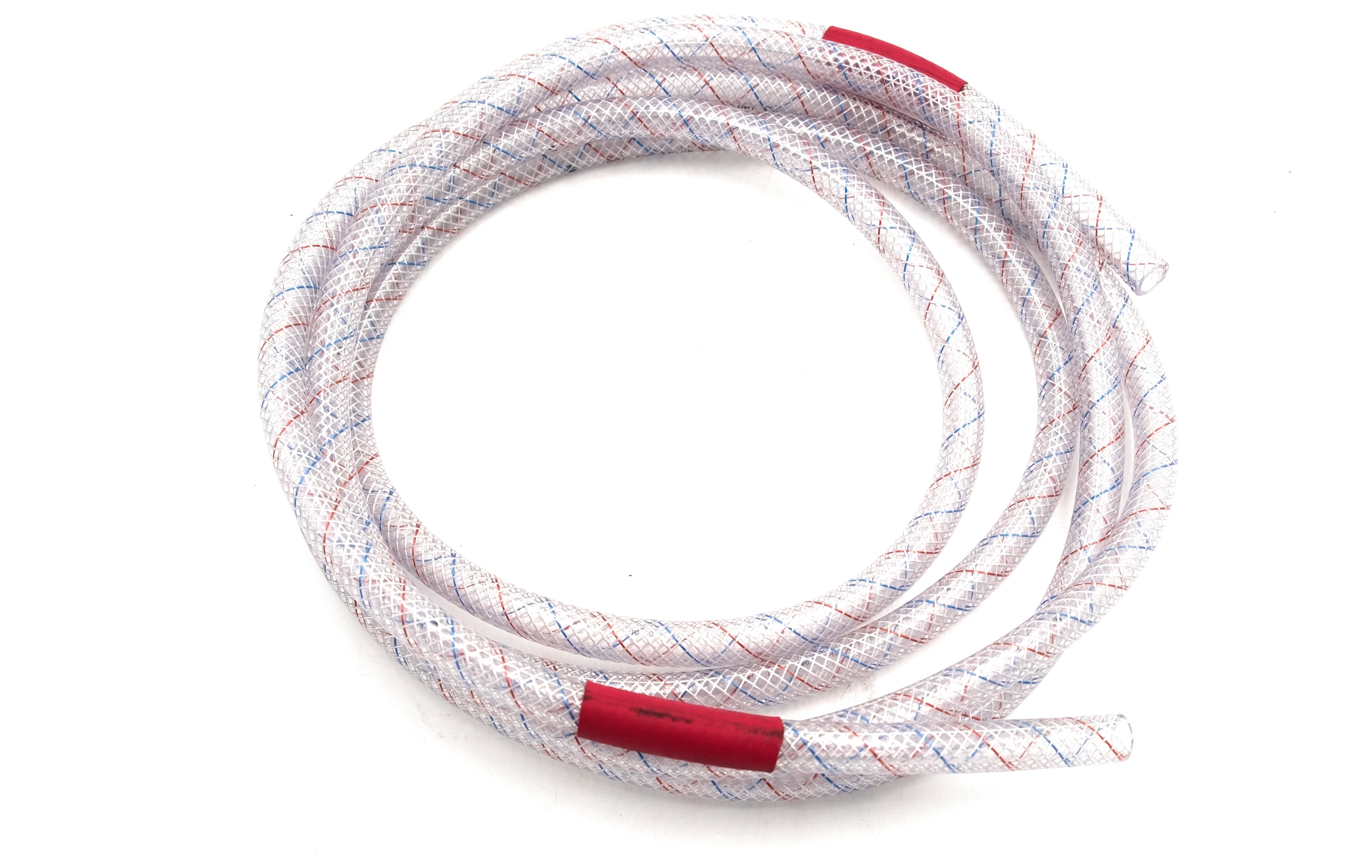 Flexible, transparent hot shower hose with red connectors, designed for durable water flow and easy installation.