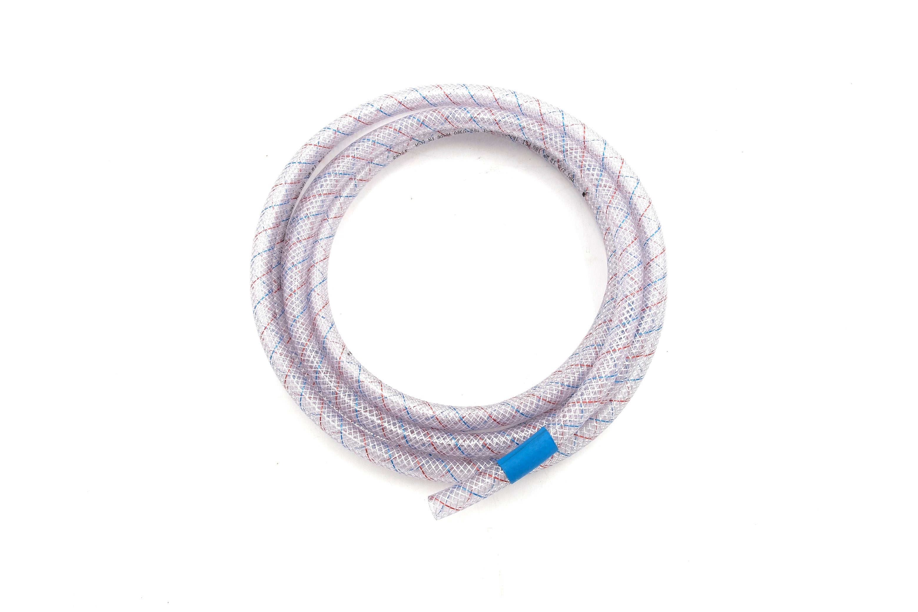 Flexible cold shower hose with a braided exterior, coiled on a white background.