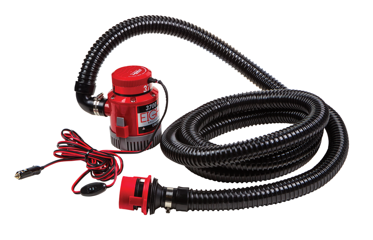 Submersible pump with 3000 GPH flow, 12V DC, 12AMP fuse, flexible black hose, and electrical wiring for marine or industrial use.
