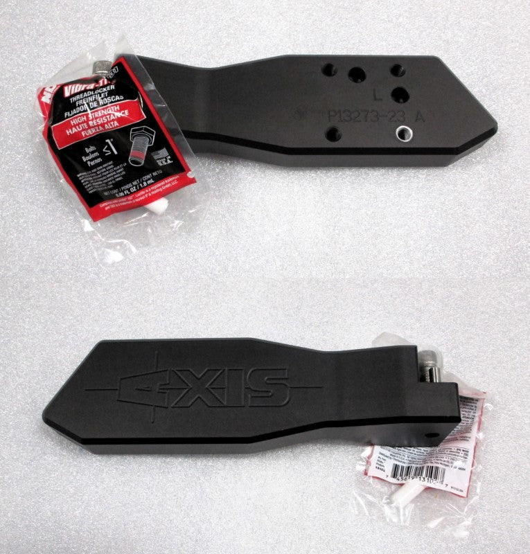 PTM Gen 2 & 3 clamping rack mounting arms with mounting hardware and a tube of threadlocker, black in color.