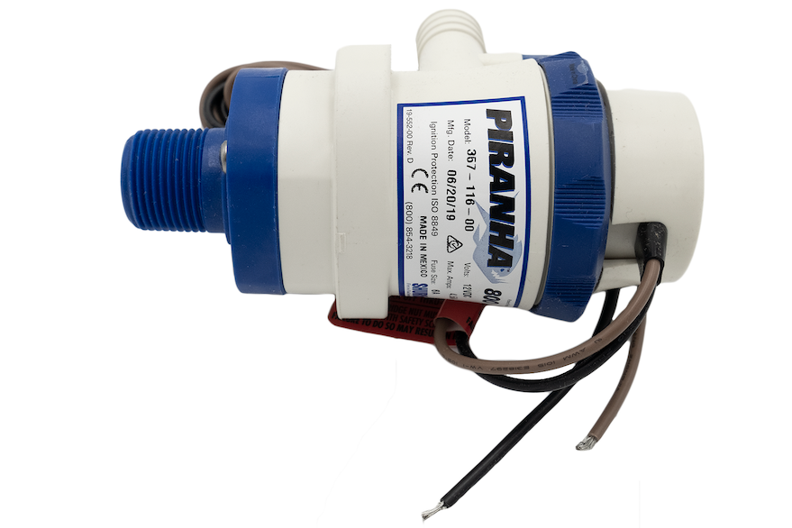 Ballast pump 800 GPH with white and blue housing, electrical wires, and inlet/outlet ports for marine ballast systems.