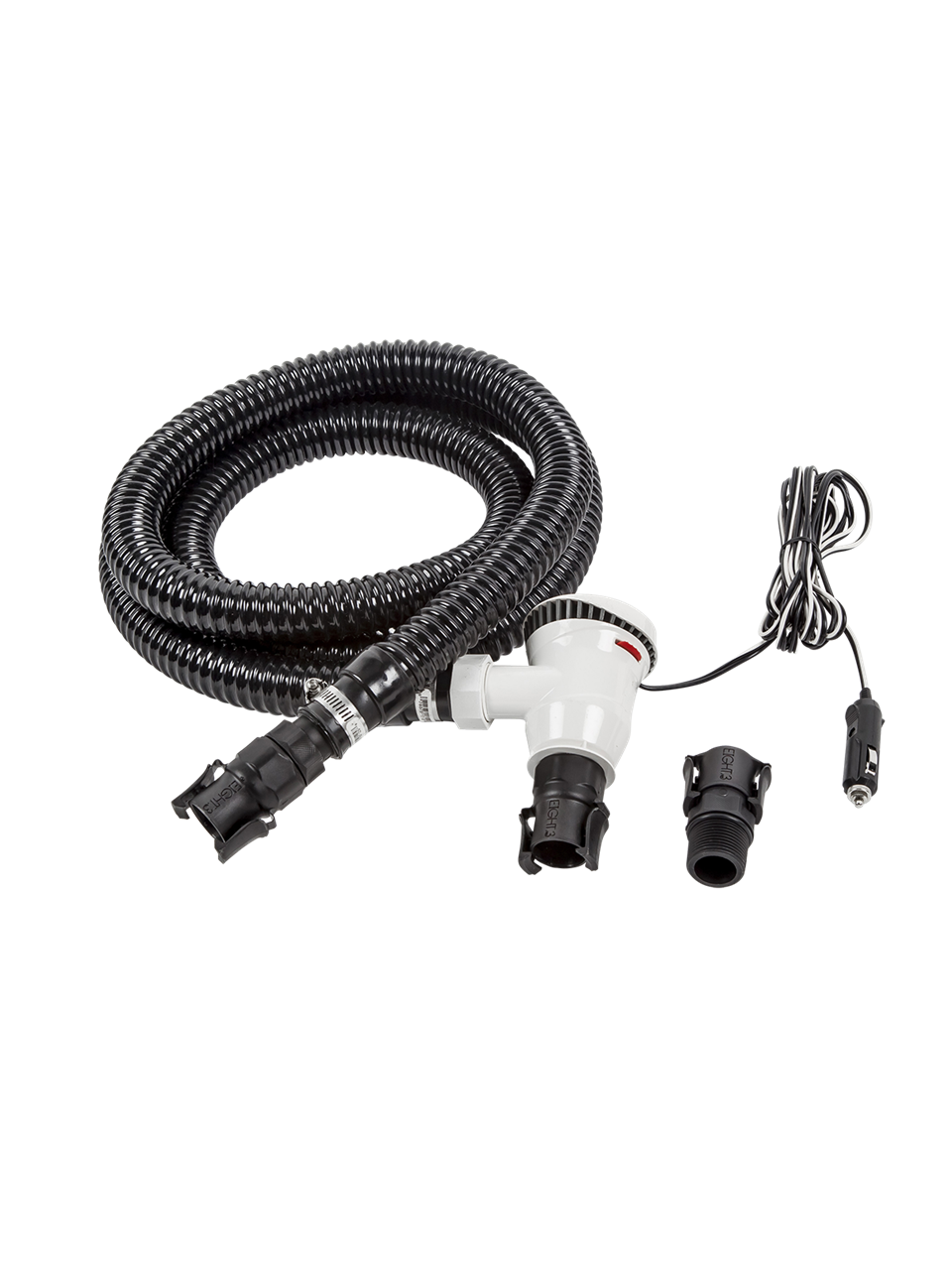 Eight.3 pump with 1200 GPH flow, 12V DC, 5A fuse, flexible black hose, and electrical connectors for marine or RV use.