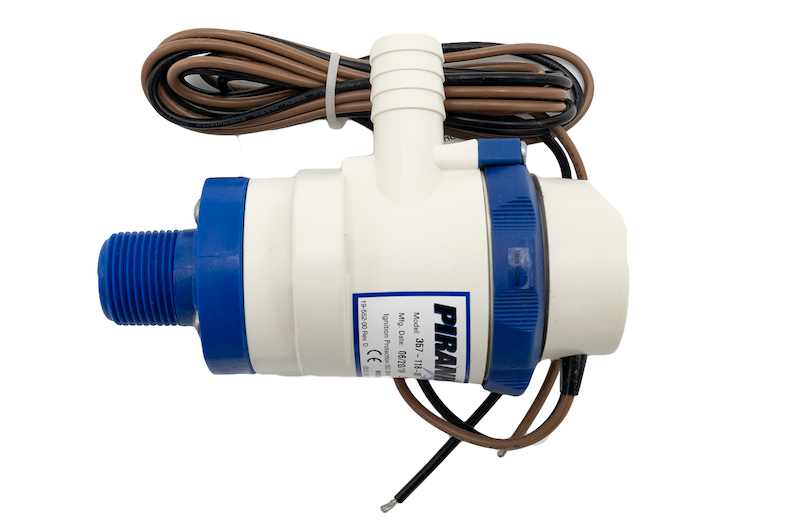Ballast pump 800 GPH with white and blue body, brown and black wiring, used for marine ballast systems.