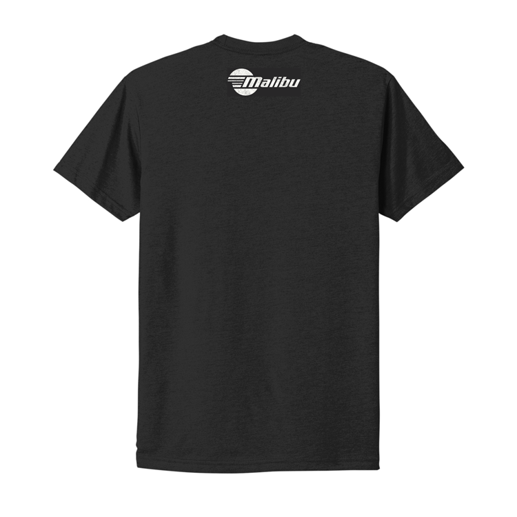 Black Malibu Freedom Tee with a white Malibu logo and sunset graphic on the back.
