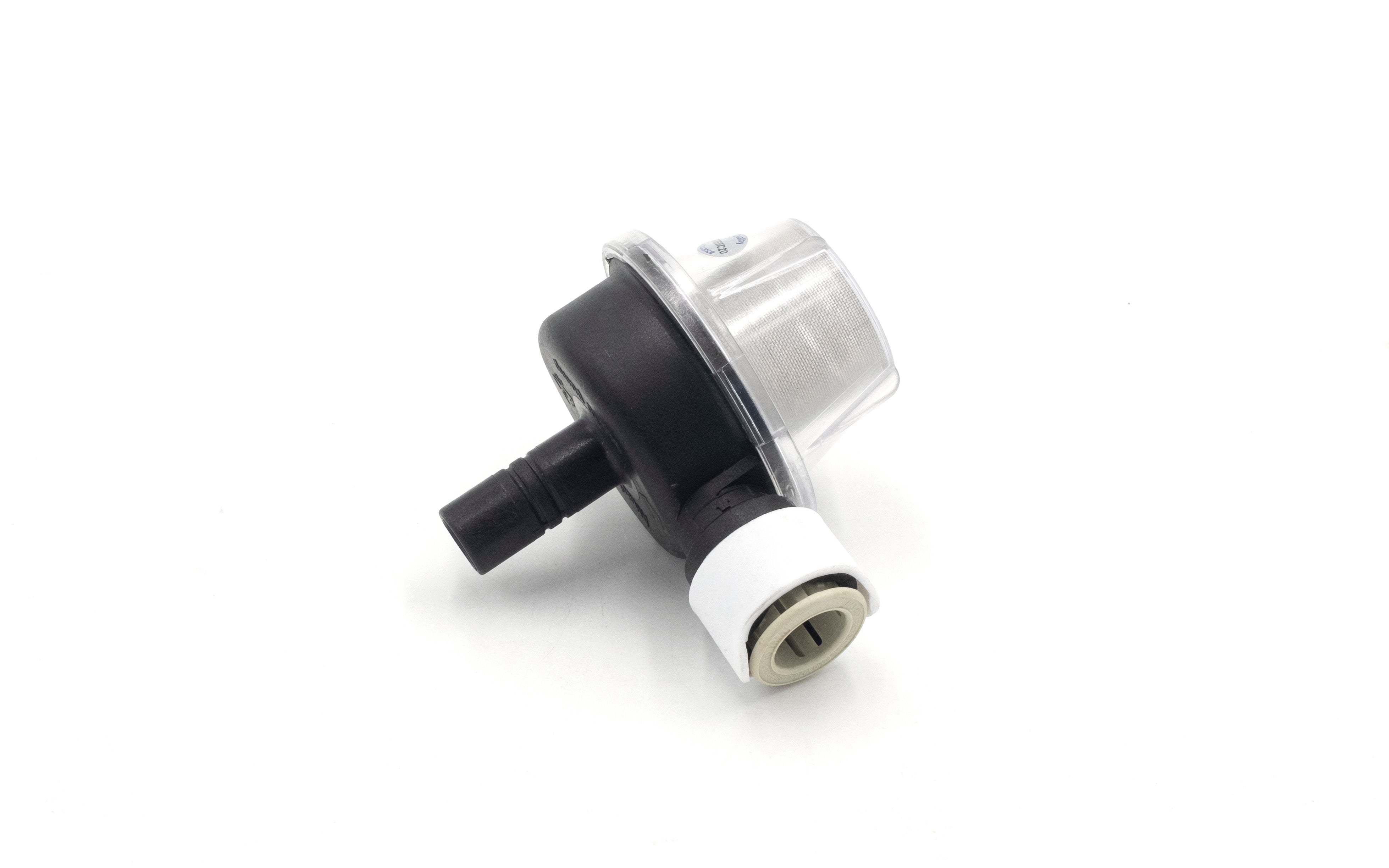 Whale shower pump strainer with black and white fittings, transparent cover, and mesh filter for water flow protection.