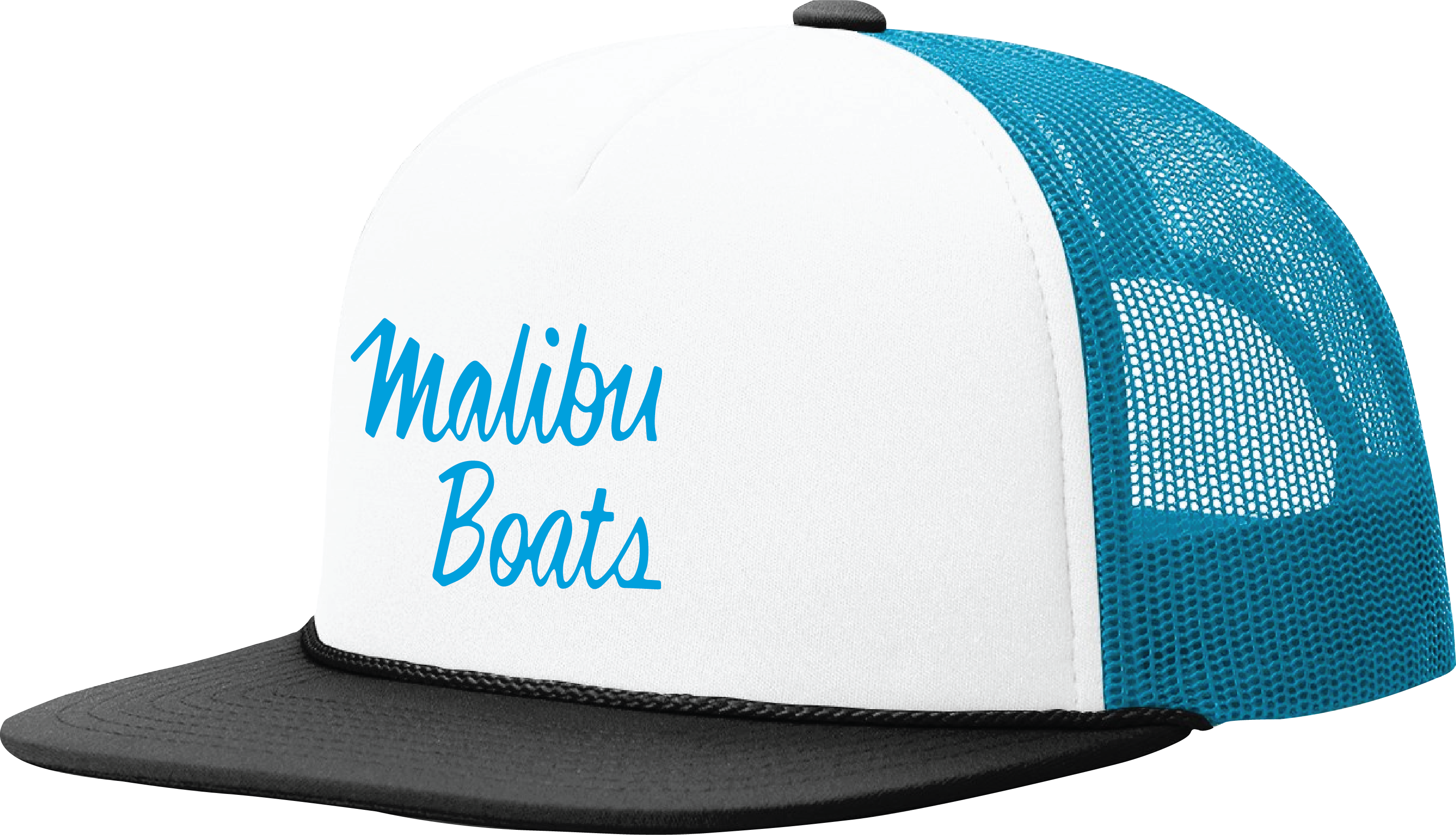 White and black trucker hat with blue mesh back and "Malibu Boats" embroidered in blue on the front panel.