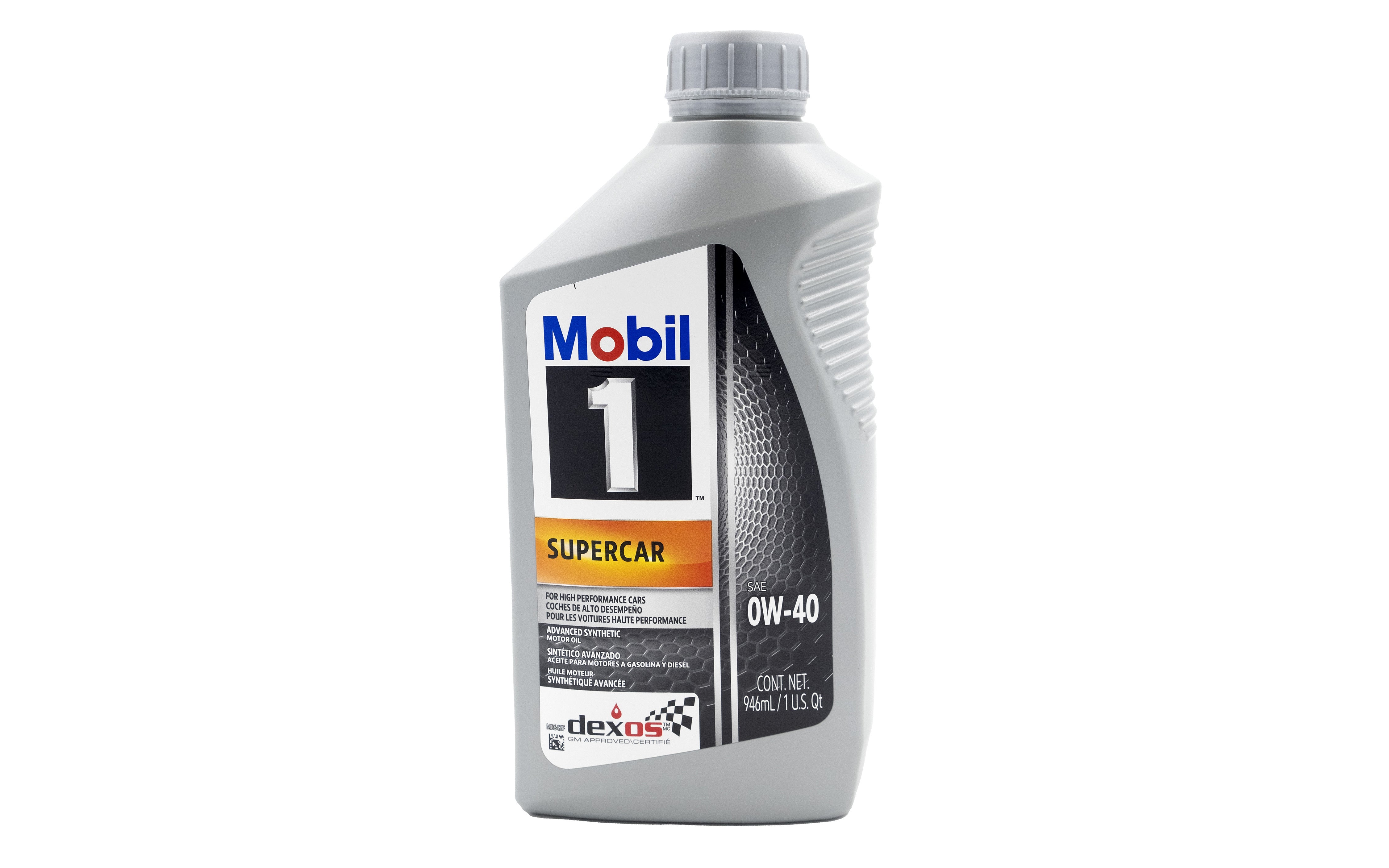 Gray bottle of Mobil 1 Supercar 0W-40 synthetic motor oil with label displaying brand, product name, and specifications.