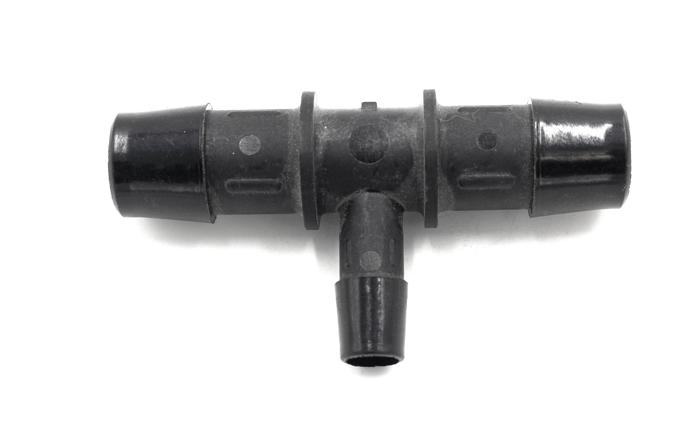 Black plastic tee shower fitting with three connection points for plumbing, used to split or join water flow in a shower system.