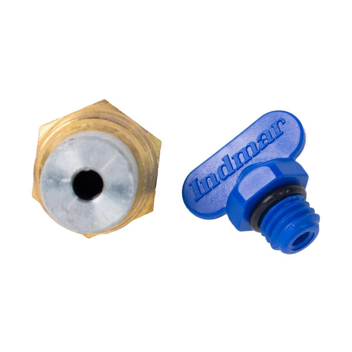 Indmar transmission anode with drain plug, featuring a blue plastic cap and threaded metal base for marine engine protection.