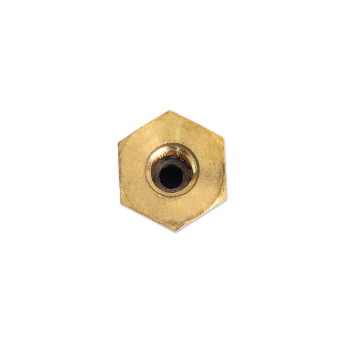 Indmar transmission anode with drain plug, hexagonal shape, brass material, used for corrosion protection in marine engines.