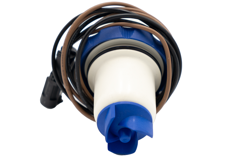 Ballast pump cartridge with Delphi connector for 800 & 1100 GPH, featuring wiring and blue and white components.