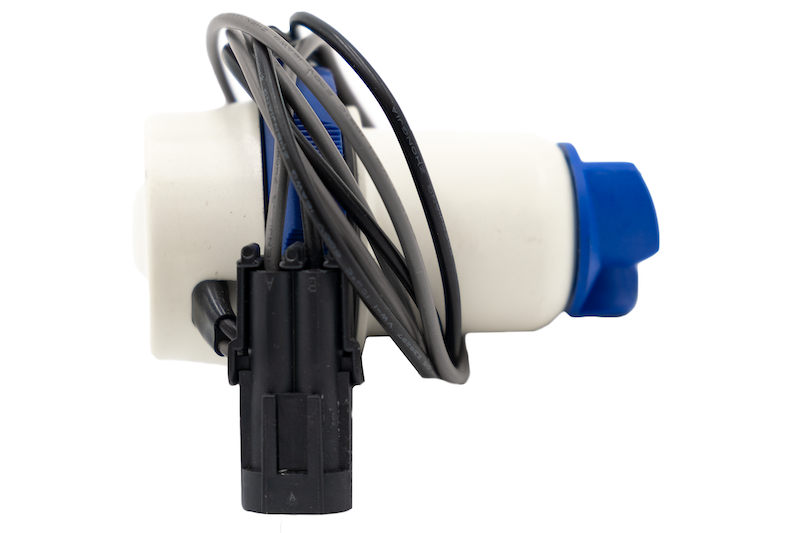 Ballast pump cartridge with Delphi connector for 800 & 1100 GPH, featuring wiring and blue cap, used in marine ballast systems.