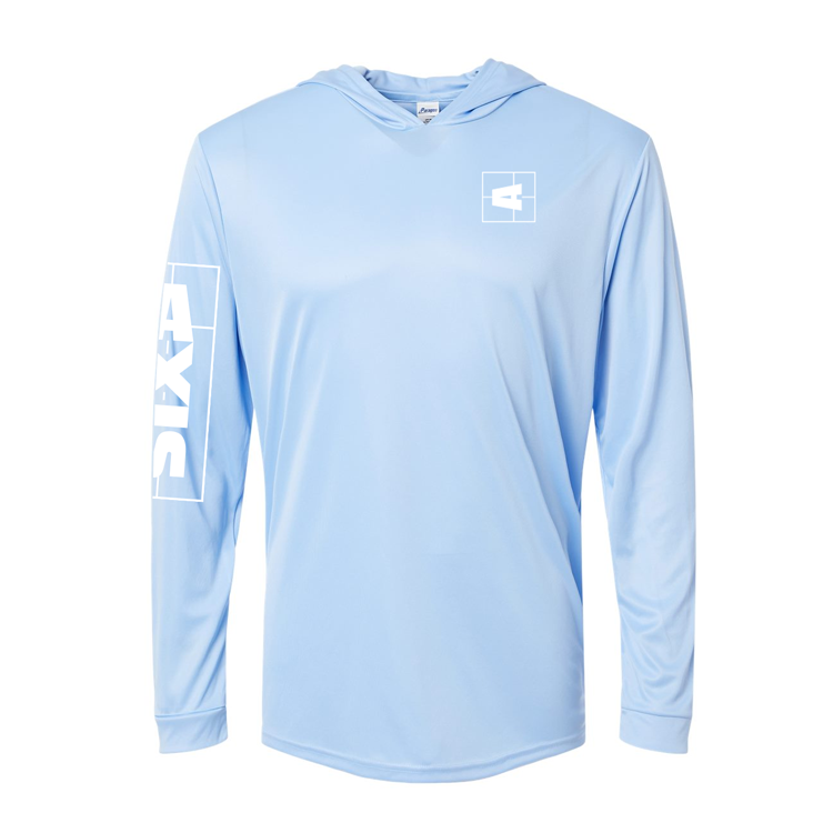 Light blue shaded shredder sun hoodie with white AXIS logo on the chest, sleeve, and shoulder, featuring a relaxed fit and hood.