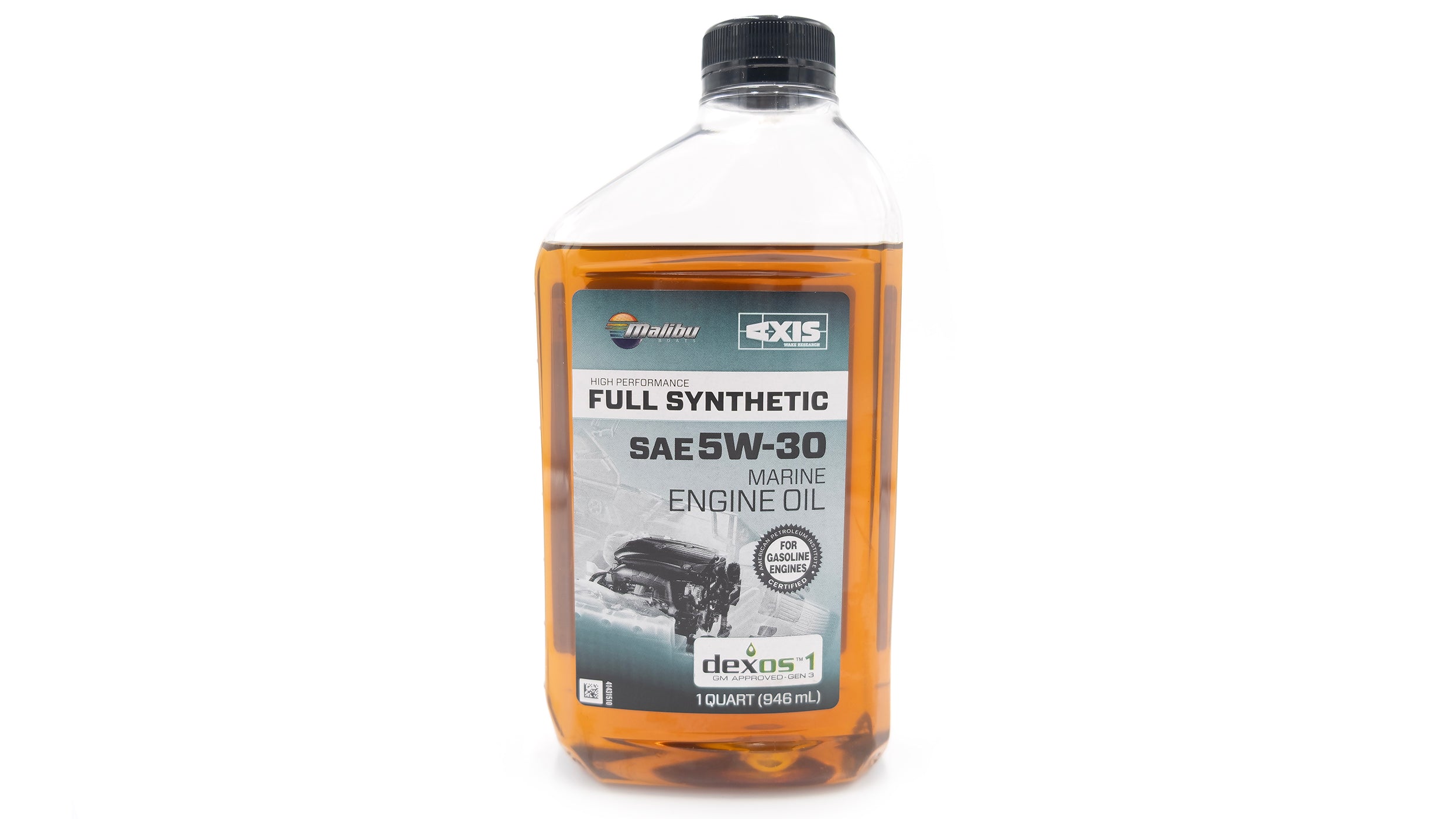 Bottle of Malibu/Axis high performance full synthetic 5W-30 marine engine oil, quart size, with orange-tinted liquid inside.