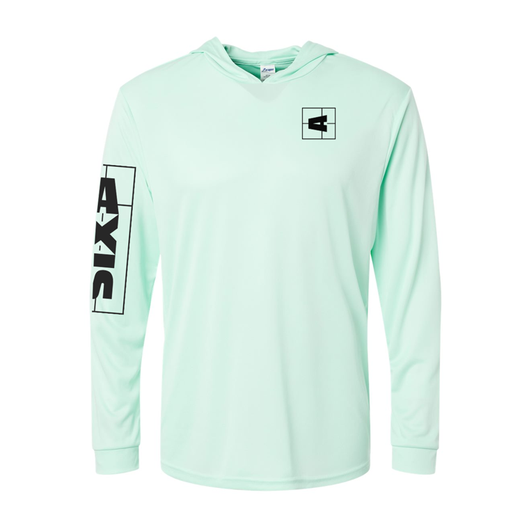 Light mint green shaded hooded sun hoodie with black AXIS logo prints on chest, sleeve, and shoulder for sun protection and style.