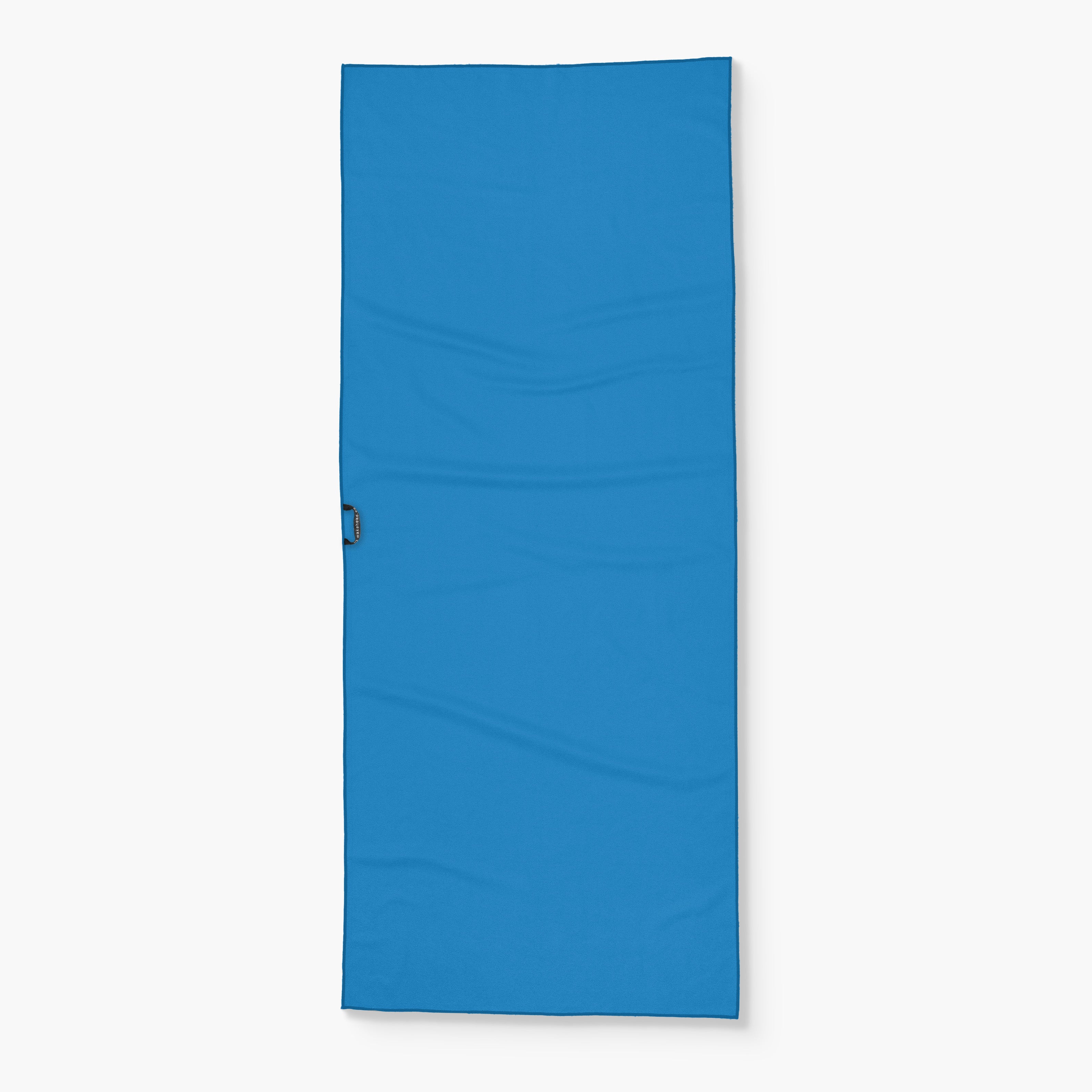 Blue pastel-toned lake towel with a subtle wave pattern and a small black loop on the side for hanging.