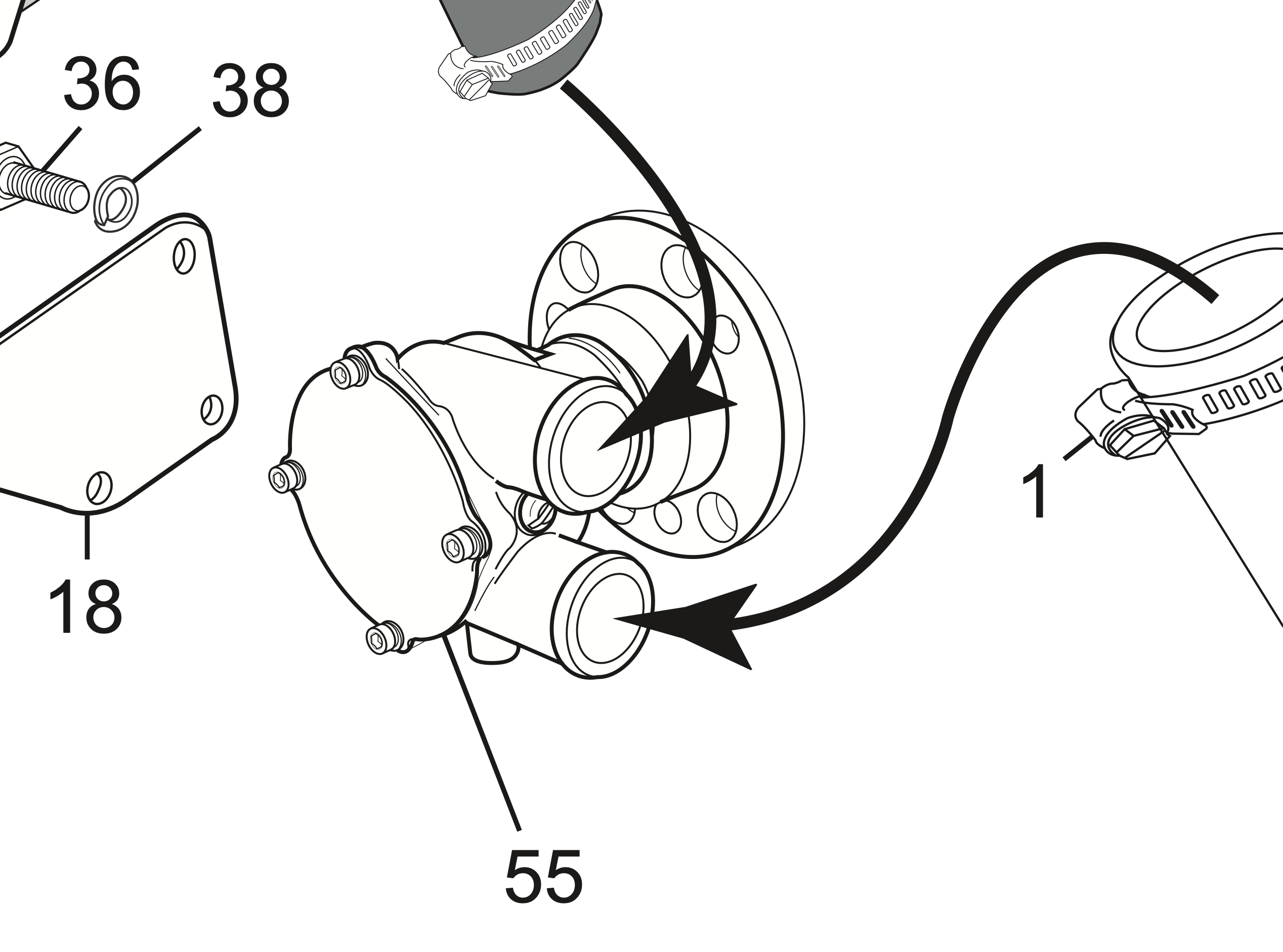 Diagram of a 5.7 PCM water pump with labeled components and flow arrows, showing installation and connection points.