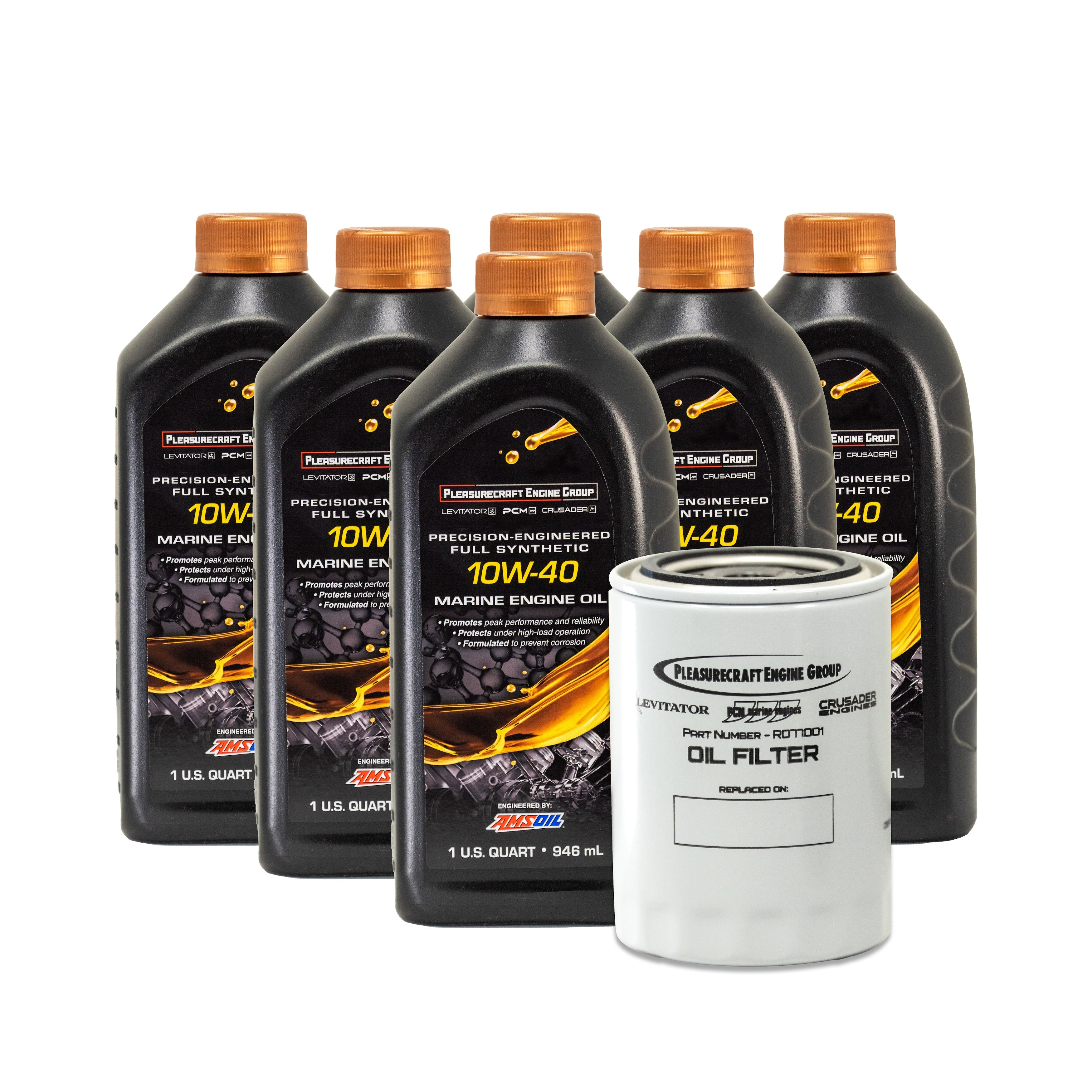 Six black bottles of PCM 10W-40 marine engine oil with orange caps and a white oil filter in front, part of a PCM oil service kit.