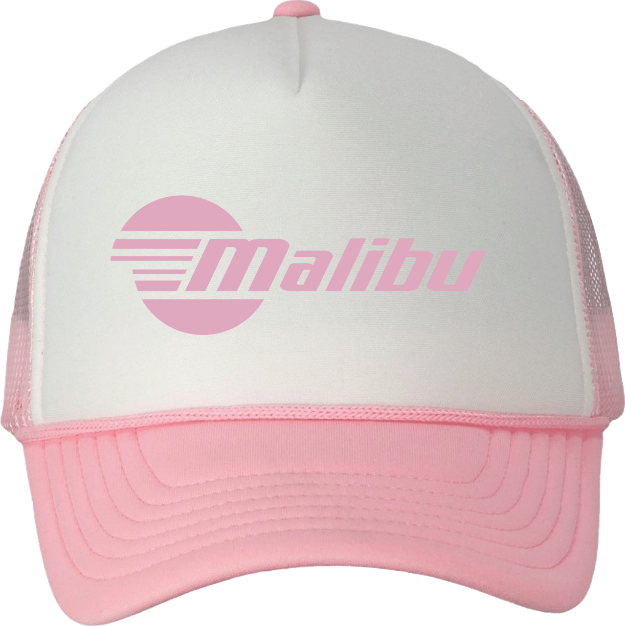 Pink and white trucker hat with "Malibu" logo and sun graphic, featuring a pink mesh back and curved brim.