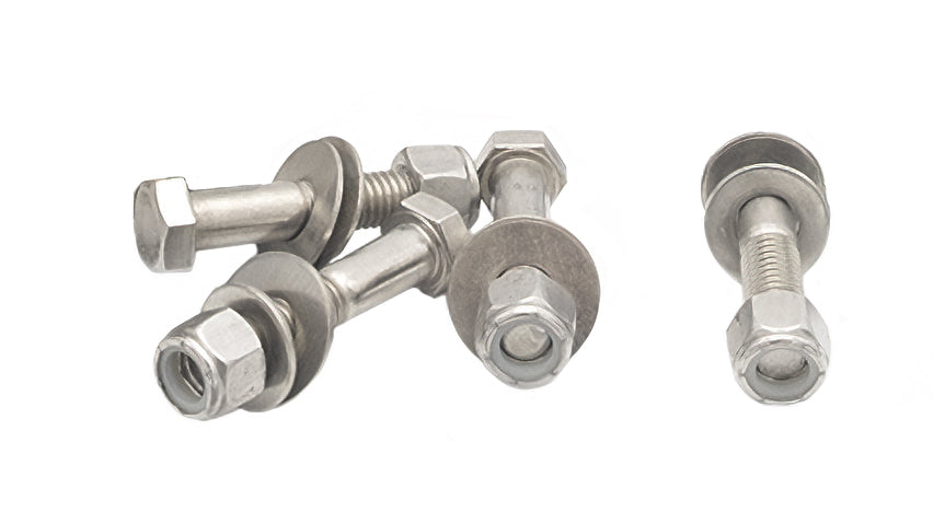 Set of stainless steel wedge transom bracket hardware bolts with nuts and washers for boat transom installation.