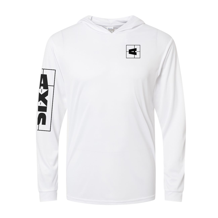 White shaded shredder sun hoodie with black AXIS logo print on the chest, sleeve, and shoulder, featuring a relaxed fit and lightweight fabric.