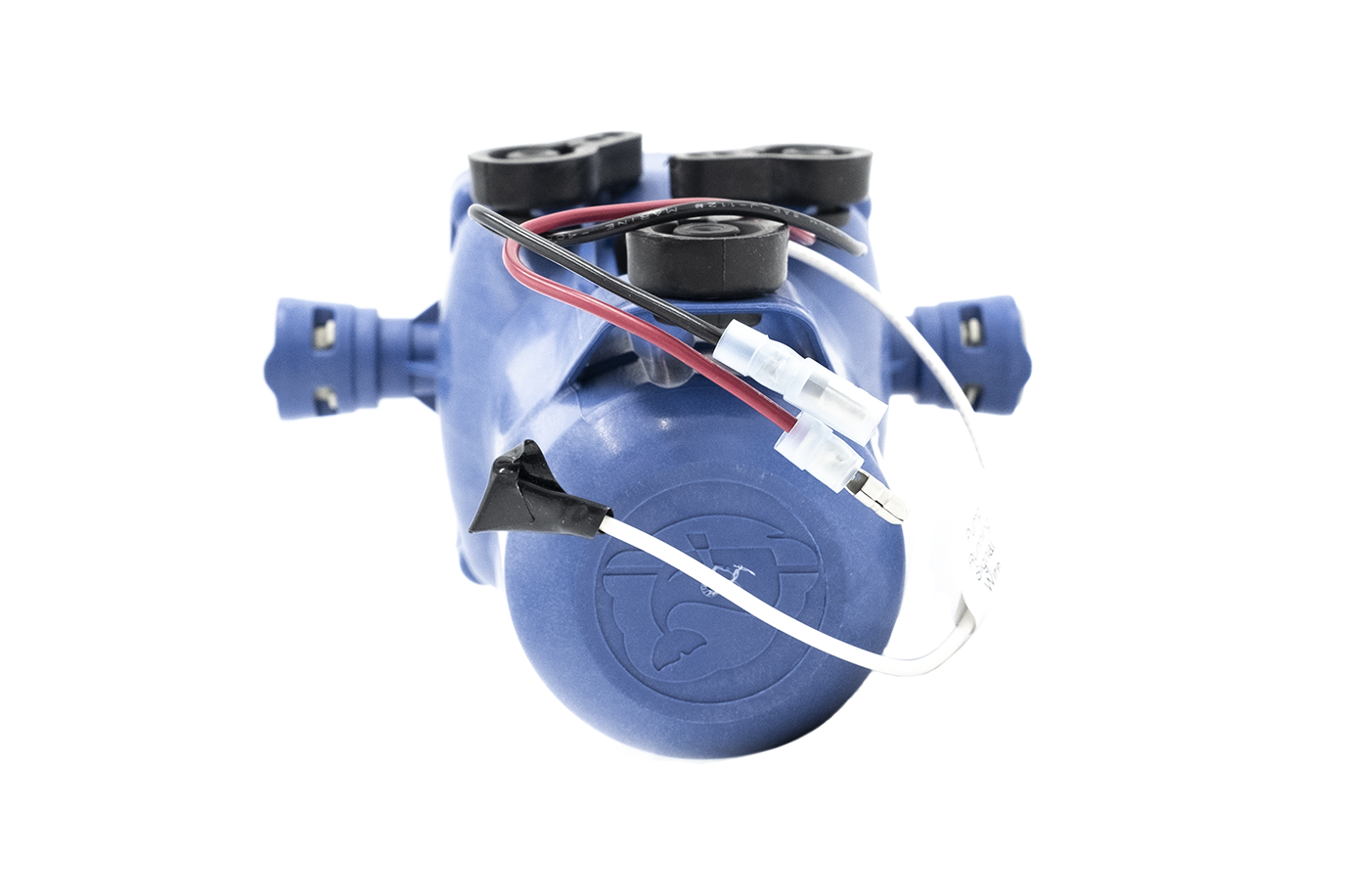 Blue shower pump with attached wiring and connectors, designed to boost water pressure for shower systems.