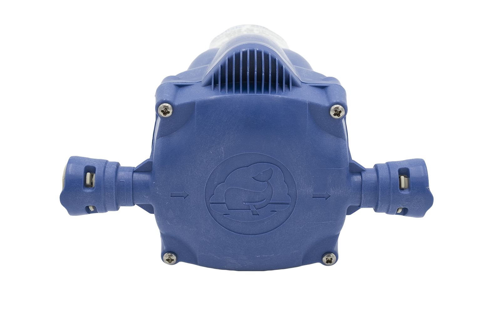 Blue shower pump with inlet and outlet connections, designed to boost water pressure for shower systems.