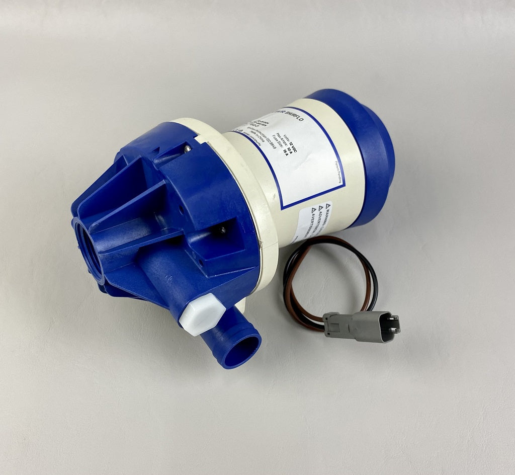 Blue and white MLS pump with 2000 GPH capacity, 12 leads, and a gray electrical connector on a plain surface.