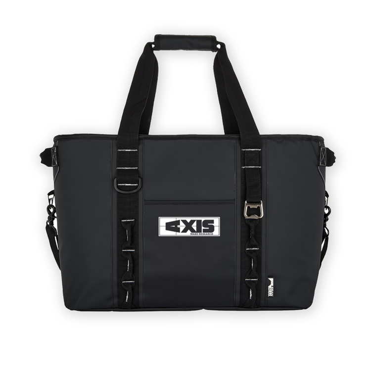 48-can Malibu/Axis waterproof softshell cooler bag with handles and side straps, black color, branded with EXIS logo.