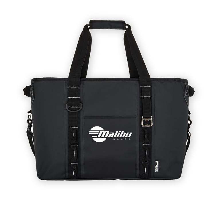 48-can Malibu/Axis waterproof softshell cooler bag with handles and logo, ideal for boating and outdoor activities.