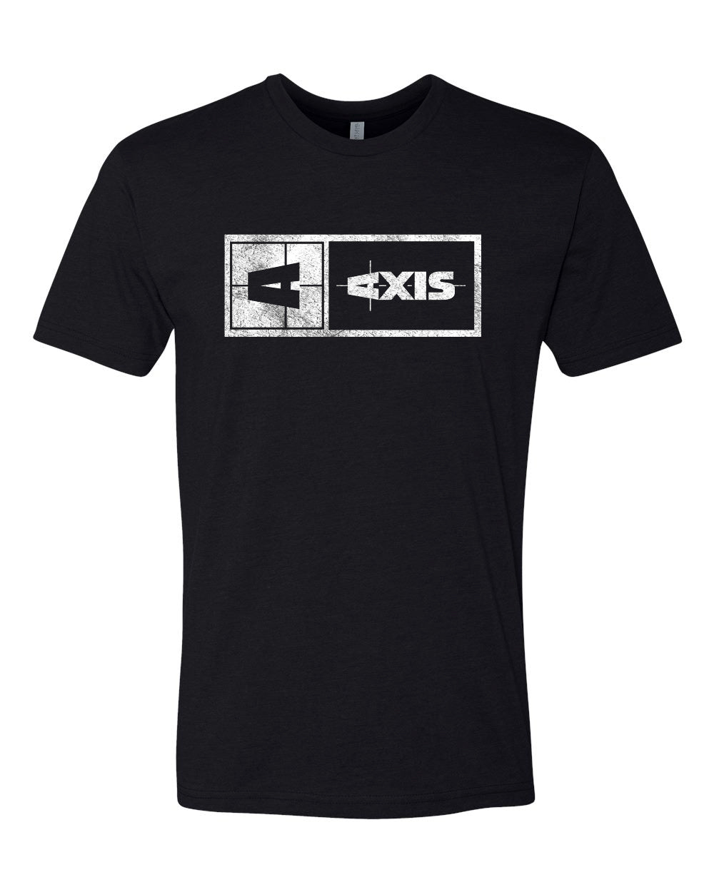 Black Axis Statement Tee with distressed white logo and text design, casual short-sleeve T-shirt for everyday wear.