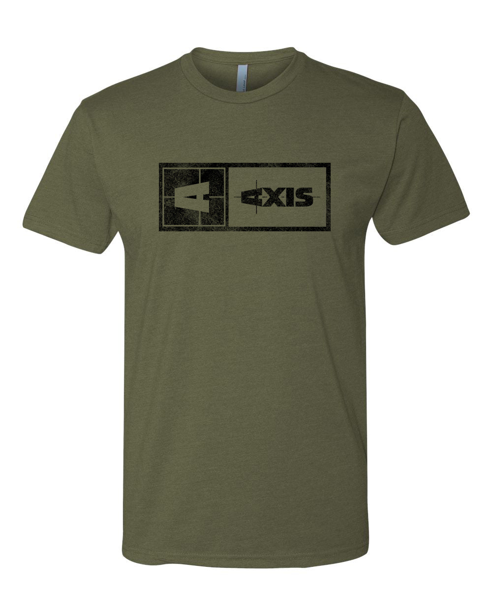 Olive green Axis Statement Tee with black graphic logo design on front, short sleeves, and crew neckline.