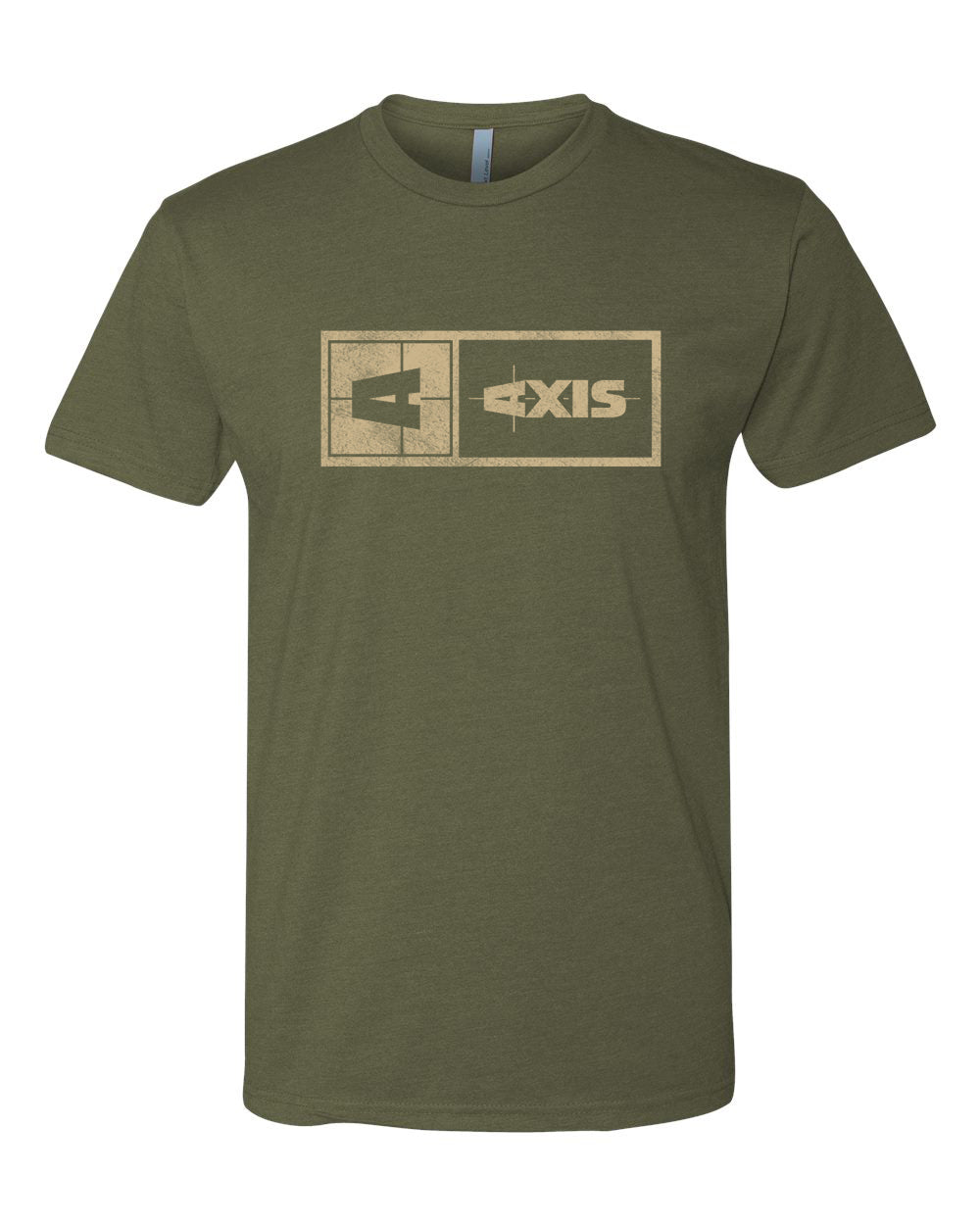 Olive green Axis Statement Tee with a vintage-style logo graphic on the front, featuring the word "AXIS" in a rectangular design.