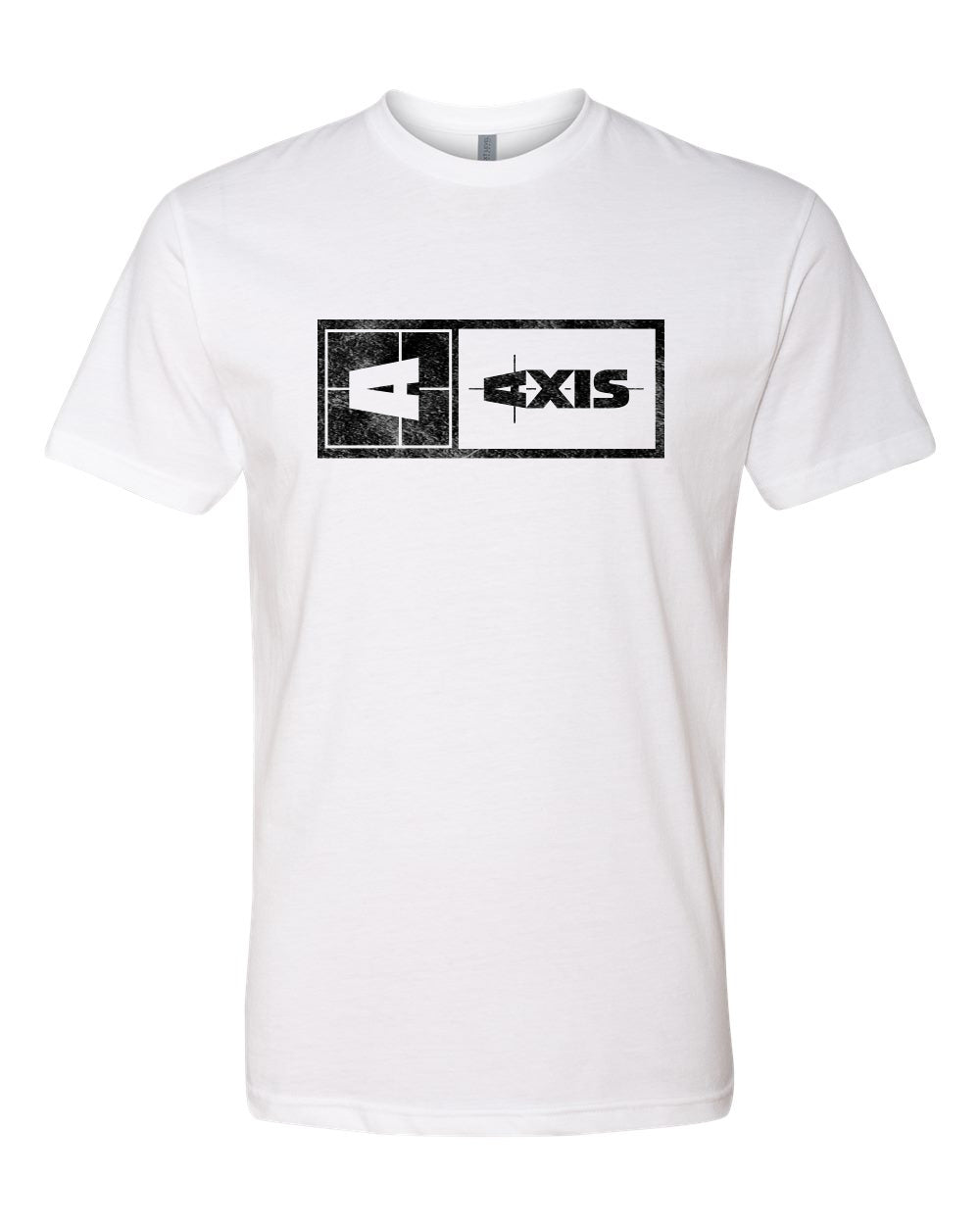 White Axis Statement Tee with black graphic logo design, featuring bold text and geometric elements on the front.
