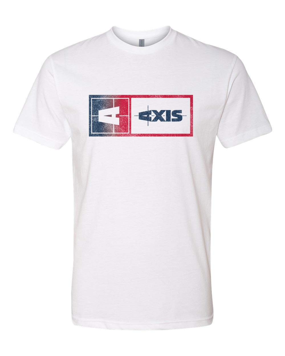 White Axis Statement Tee with a distressed red, white, and blue graphic logo on the front.