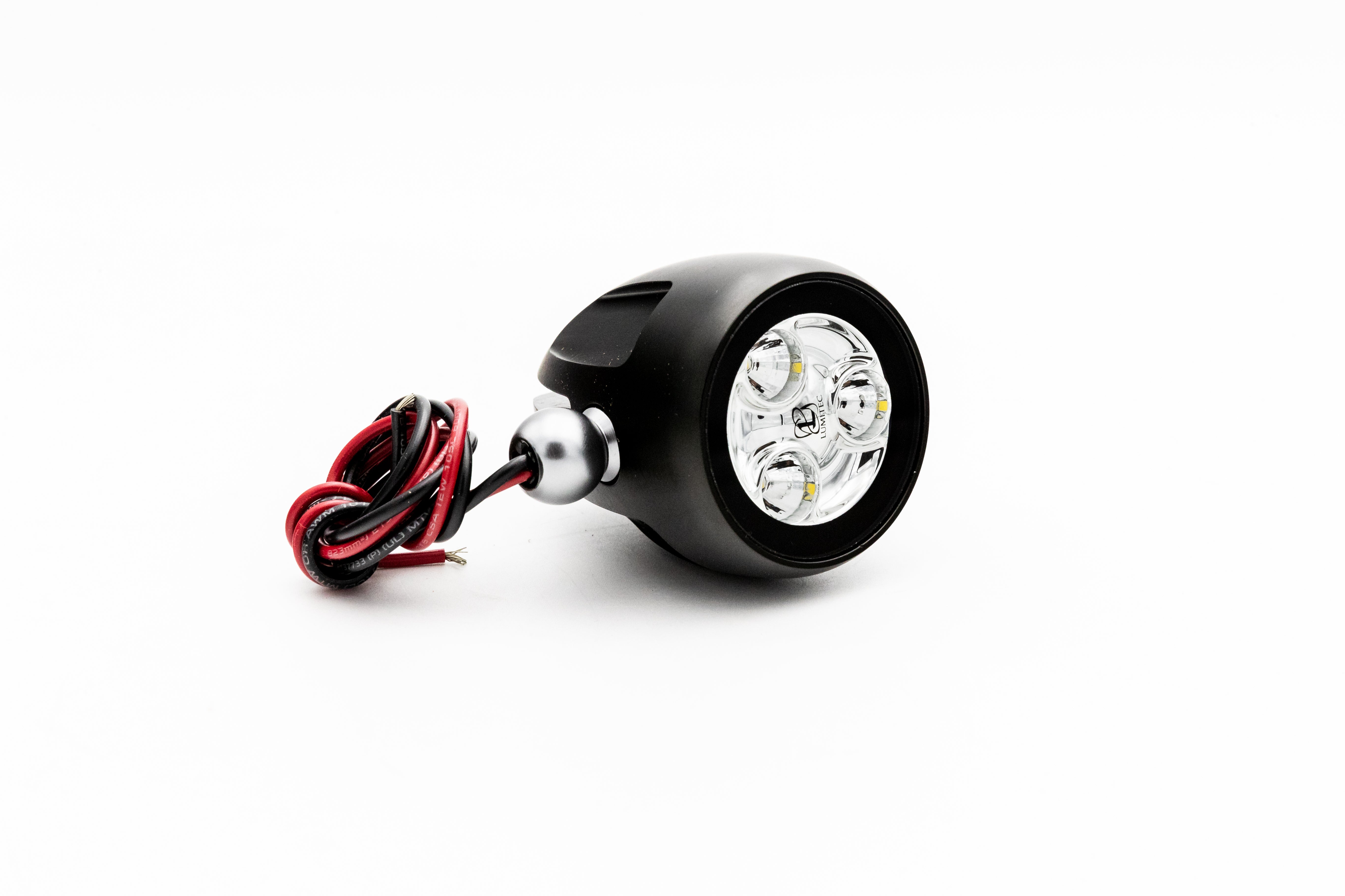 LED tower light, 16-19 inches, black housing with multiple bright LED bulbs and attached red and black wiring.