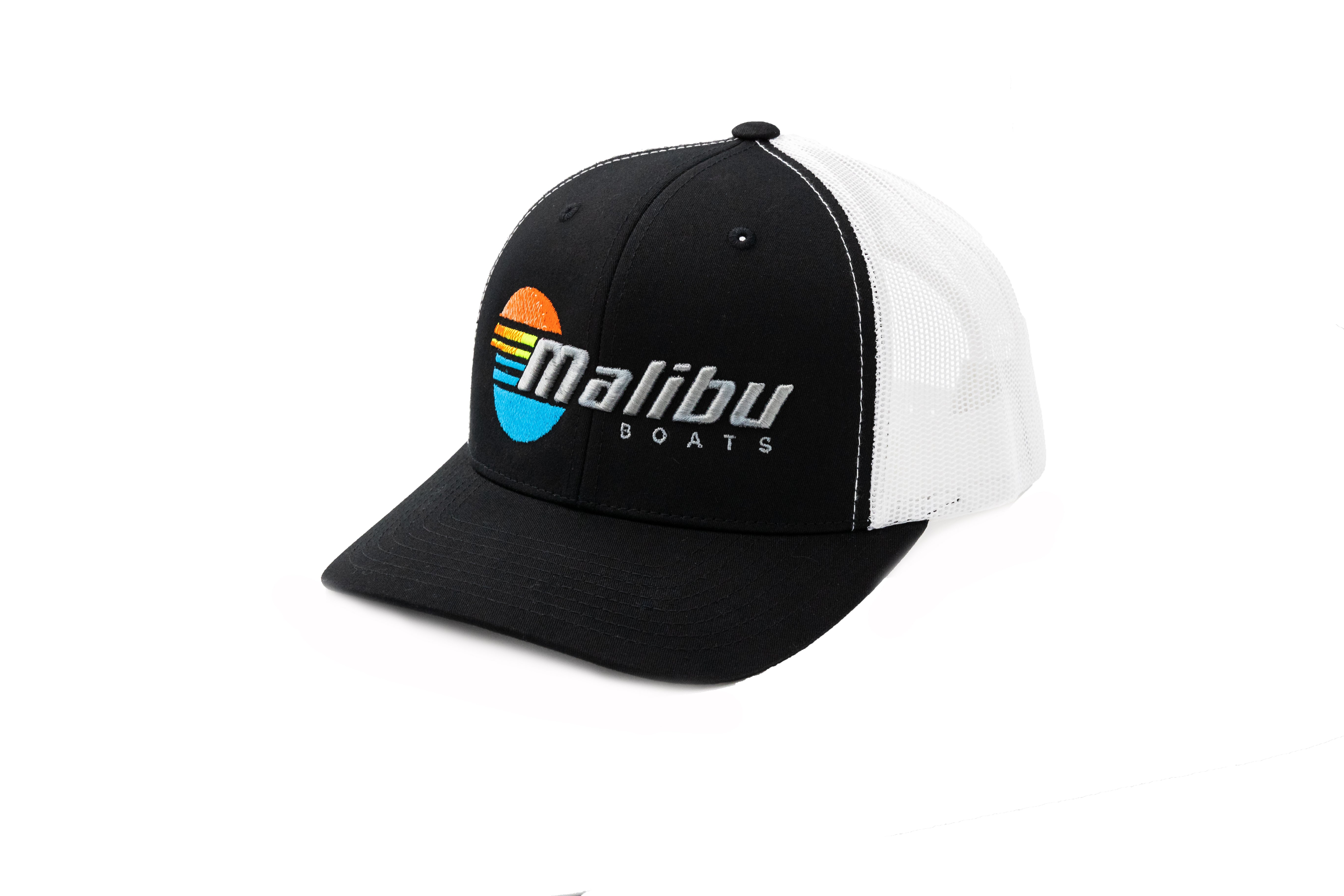 Black and white Malibu Trucker Hat with colorful embroidered Malibu Boats logo on front, mesh back for breathability.