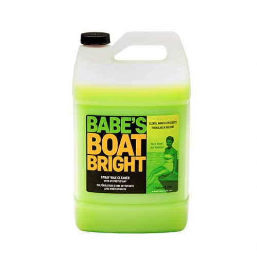 Large green and black bottle of Babe's Boat Bright spray wax cleaner for boats, with a handle and black cap.
