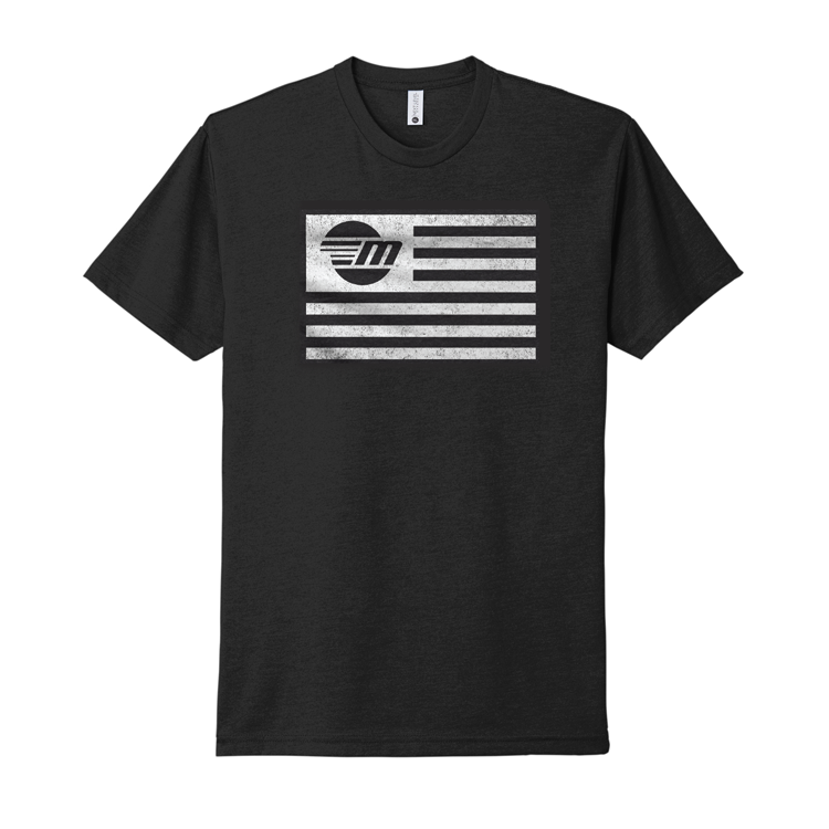 Black Malibu Freedom Tee with a distressed white graphic of a stylized flag and circular logo on the front.