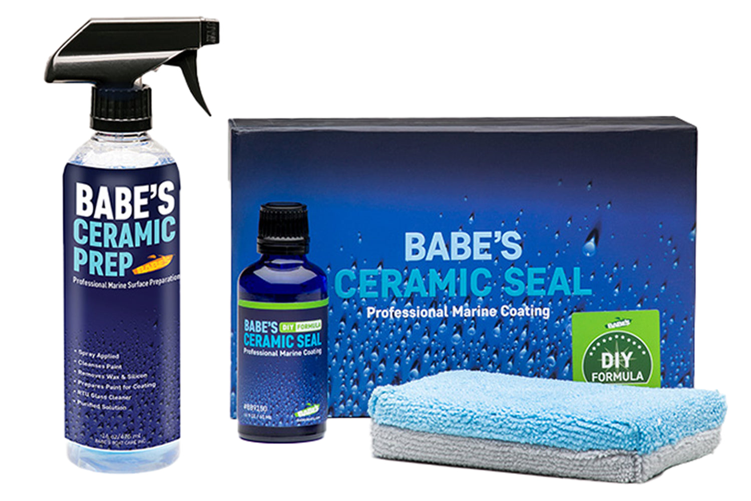 Babe's Ceramic Seal Marine Coating kit with spray, liquid, microfiber cloth, and packaging for boat surface protection.