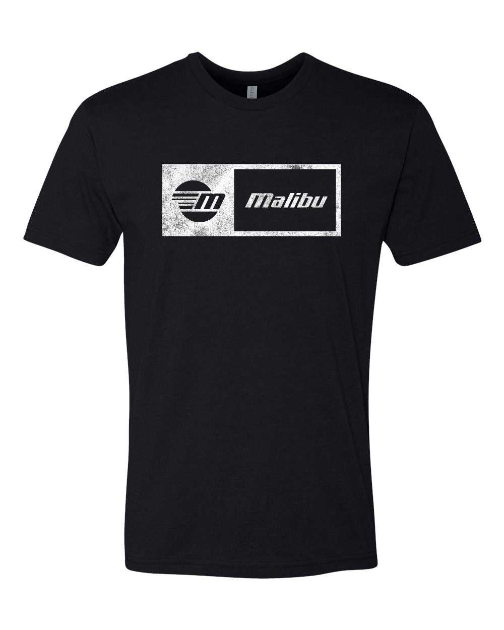 Black Malibu Statement Tee with a distressed white logo and text design on the front.