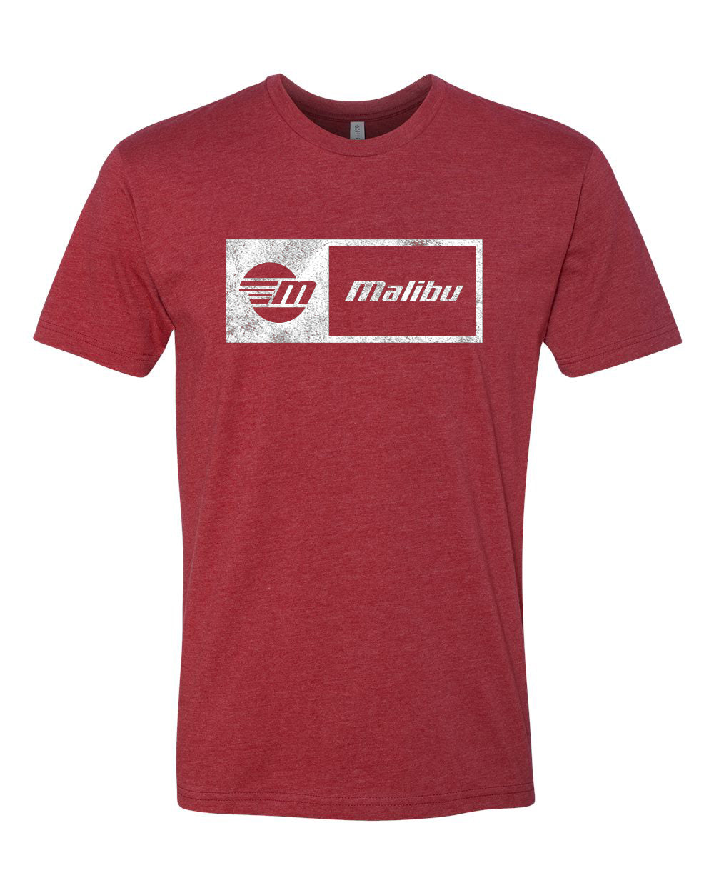 Red Malibu Statement Tee with vintage-style logo print featuring "Malibu" and a circular graphic design.