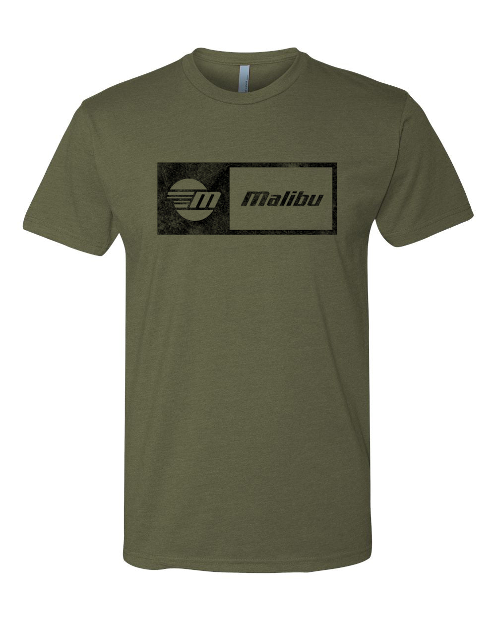 Olive green Malibu Statement Tee featuring a black rectangular logo with a circular Malibu emblem and bold "Malibu" text.