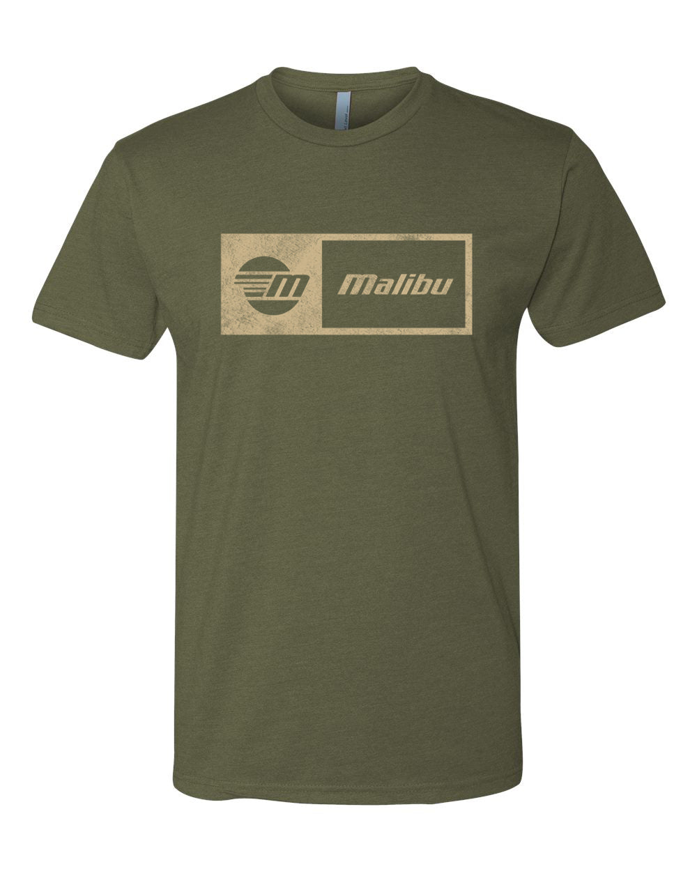 Olive green Malibu Statement Tee with vintage-style logo and text design on the front. Casual short-sleeve T-shirt for men.