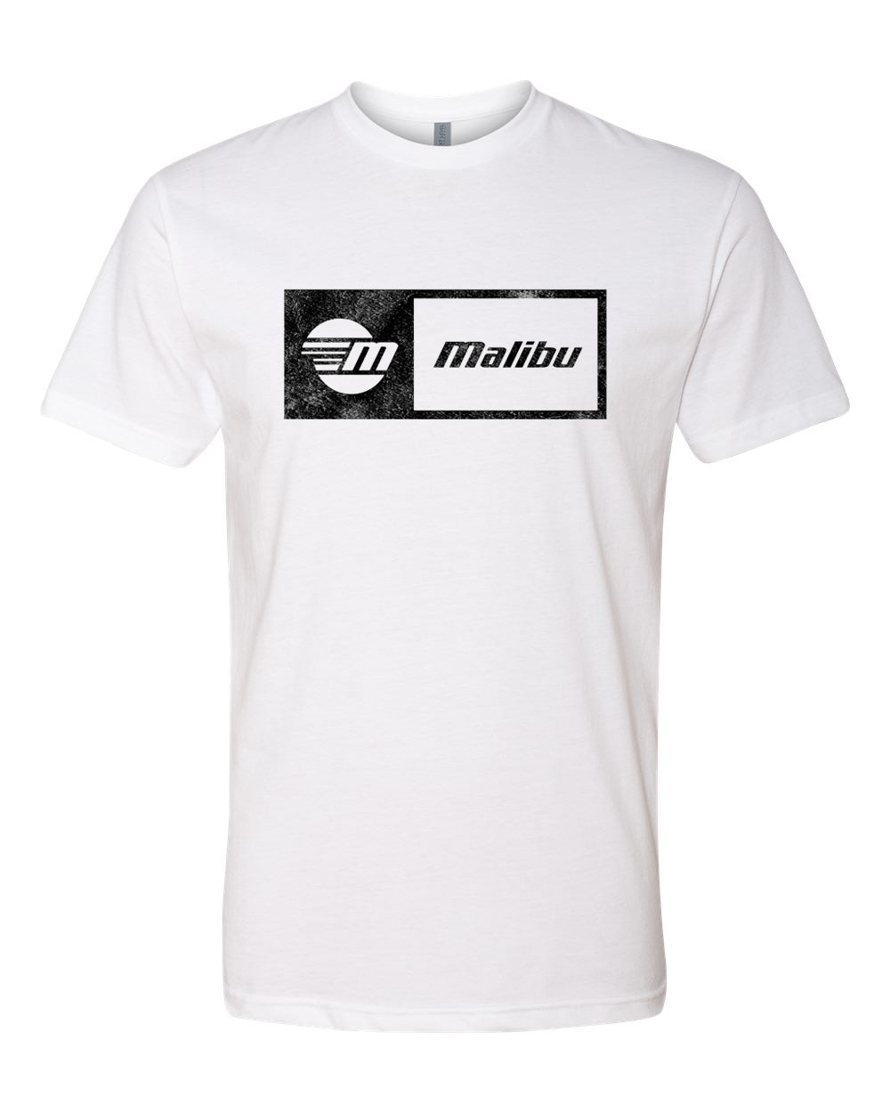 White Malibu Statement Tee with black graphic logo featuring a circular design and the word "Malibu" inside a rectangular frame.