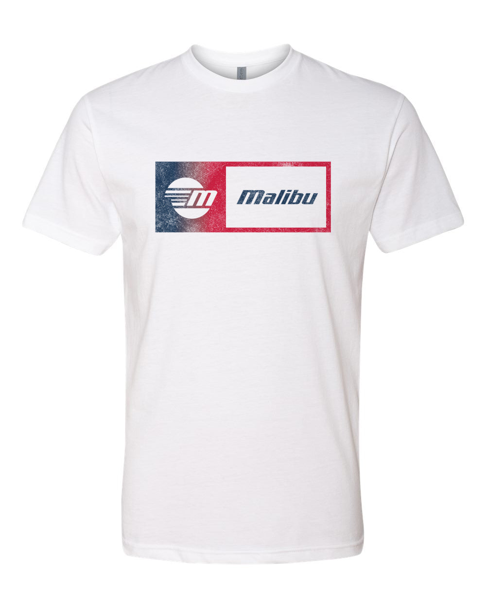 White Malibu Statement Tee with a vintage-style logo featuring a circular design and the word "Malibu" inside a rectangular frame.