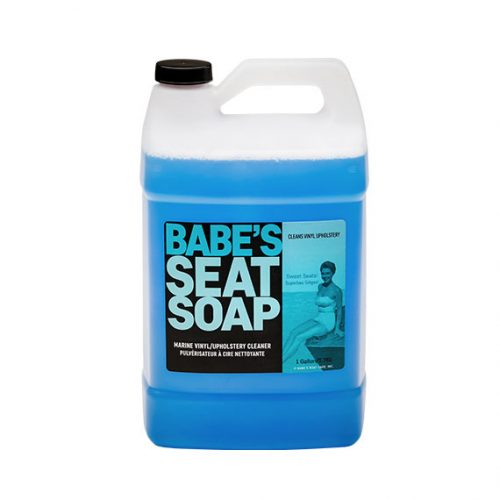 A large white and blue container of Babe's Seat Soap, a marine vinyl and upholstery cleaner with a black cap.